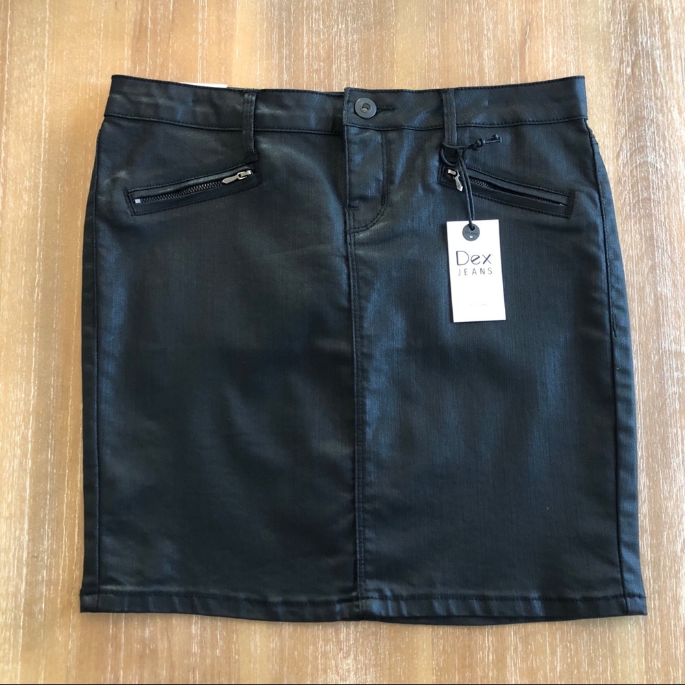 DEX Black Wax Coated Stretch Denim Mini Skirt